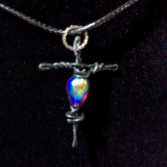 Handmade, wire, glass bead,  cross, purple, beaded pendant, necklace, charm - Picture 3 of 5